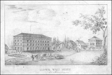 Ludwig Walz Mühle bei München - Erinnerung 1848 - Quelle: https://www.zvab.com/kunst-grafik-poster/M%C3%9CNCHEN-Walzm%C3%BChle-Ansicht-Ludwig-Walz-M%C3%BChle/15108996901/bd