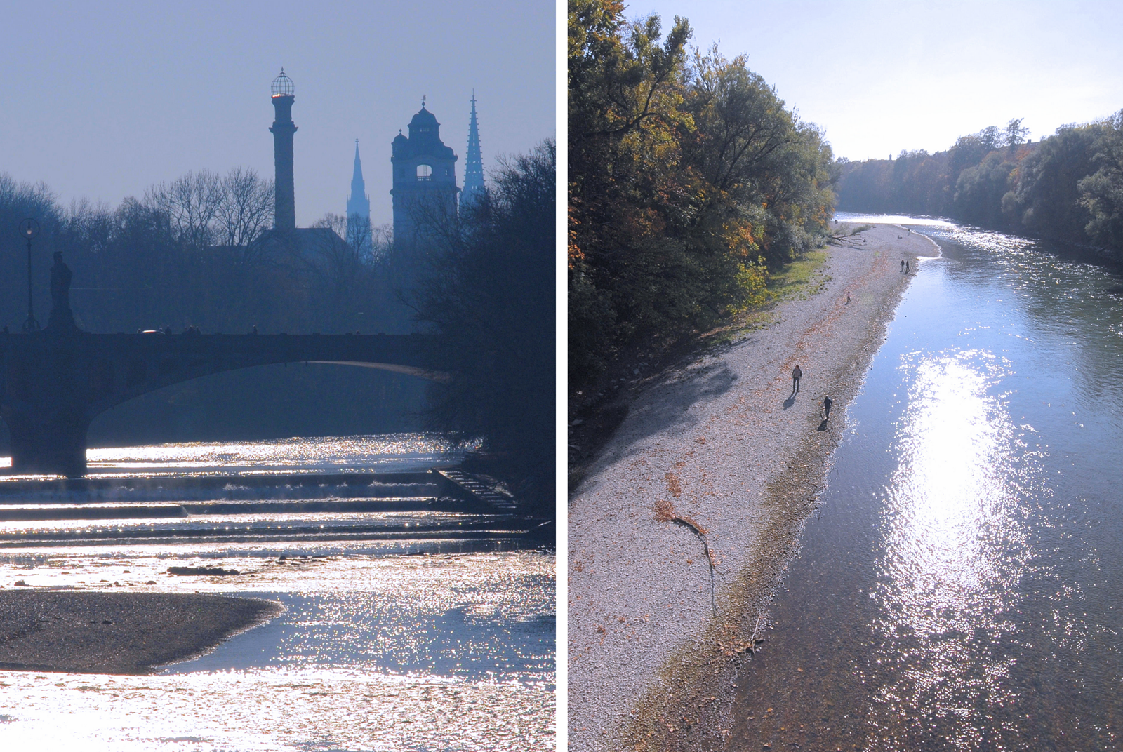 Märchenhafte Ansichten isaraufwärts von der Luitpoldbrücke und von der Max-Joseph-Brücke